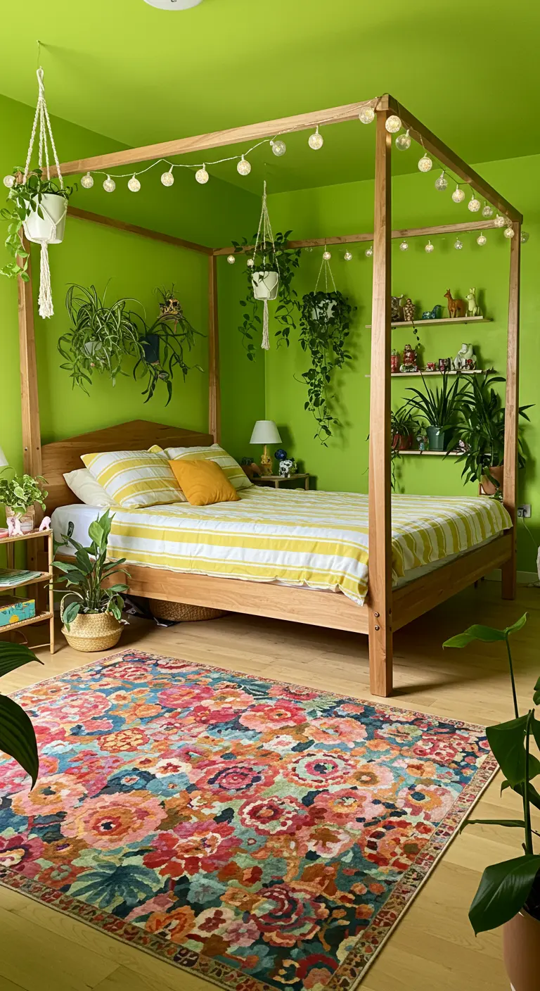 Limoengroene slaapkamer met houten hemelbed, lichtslingers en een overvloed aan planten.