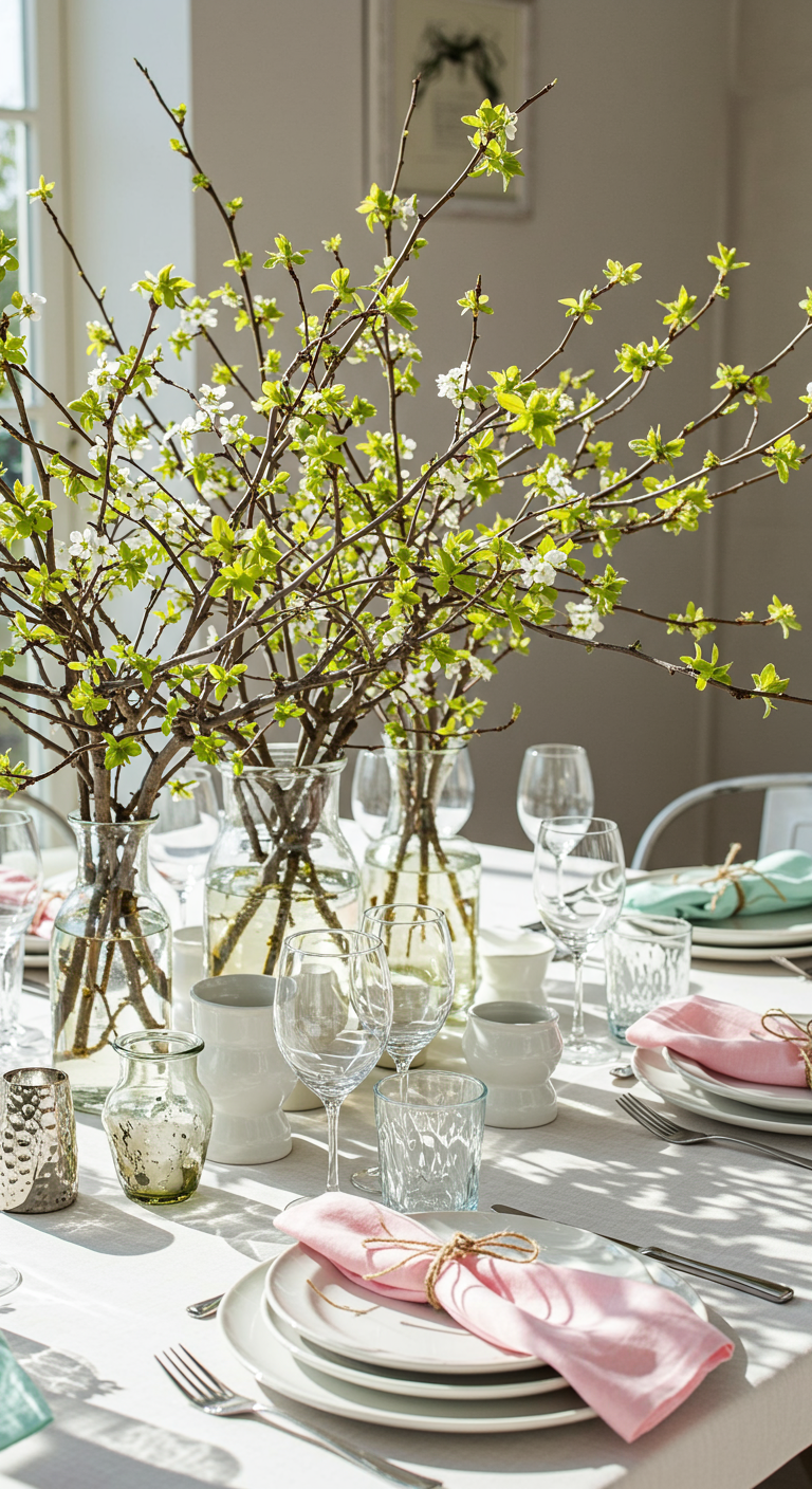 Gedekte eettafel met grote vazen vol bloesemtakken als centerpiece.