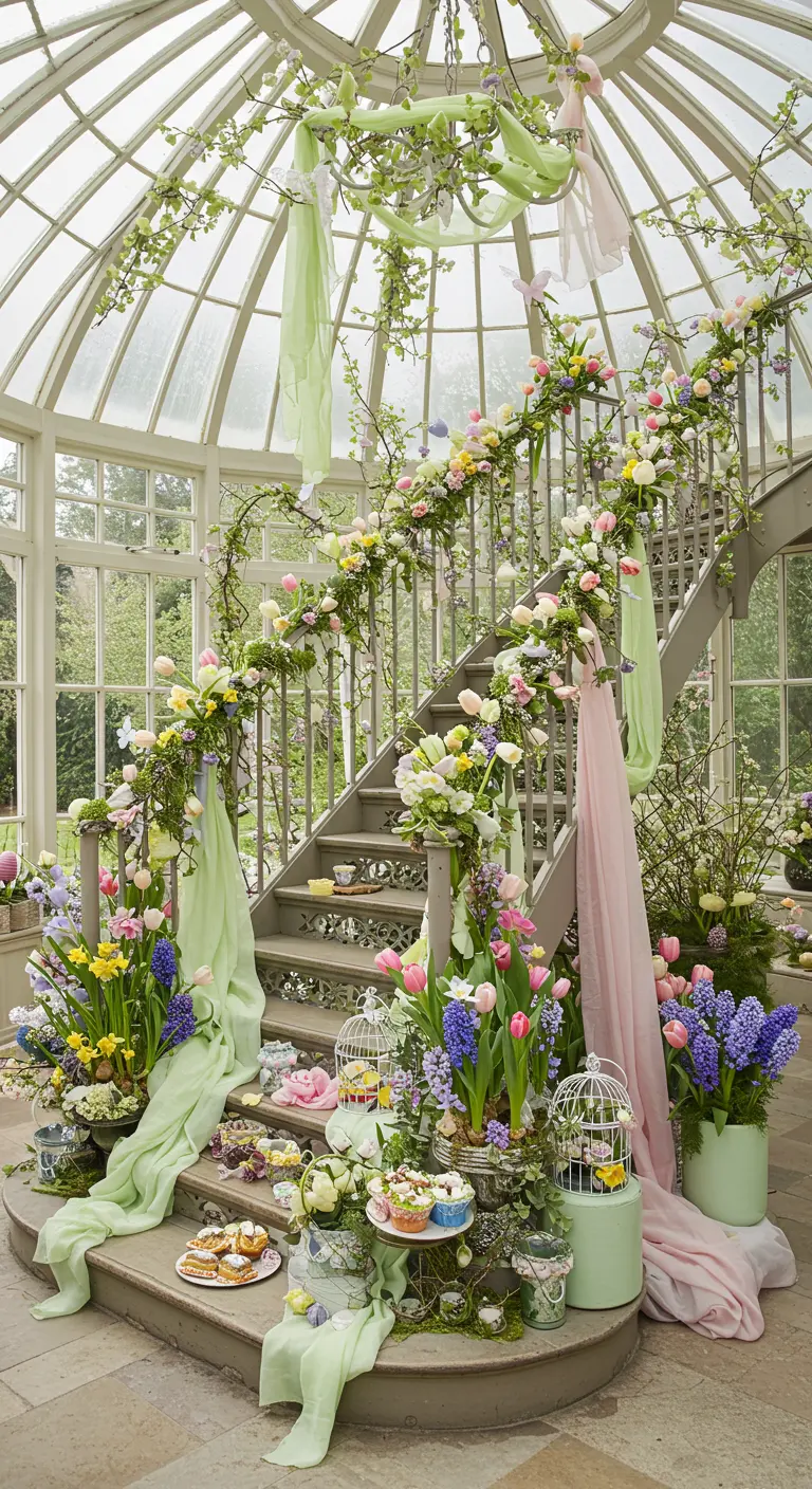 Trap in een serre, versierd met pastelkleurige stoffen, lentebloemen en vogelkooitjes.