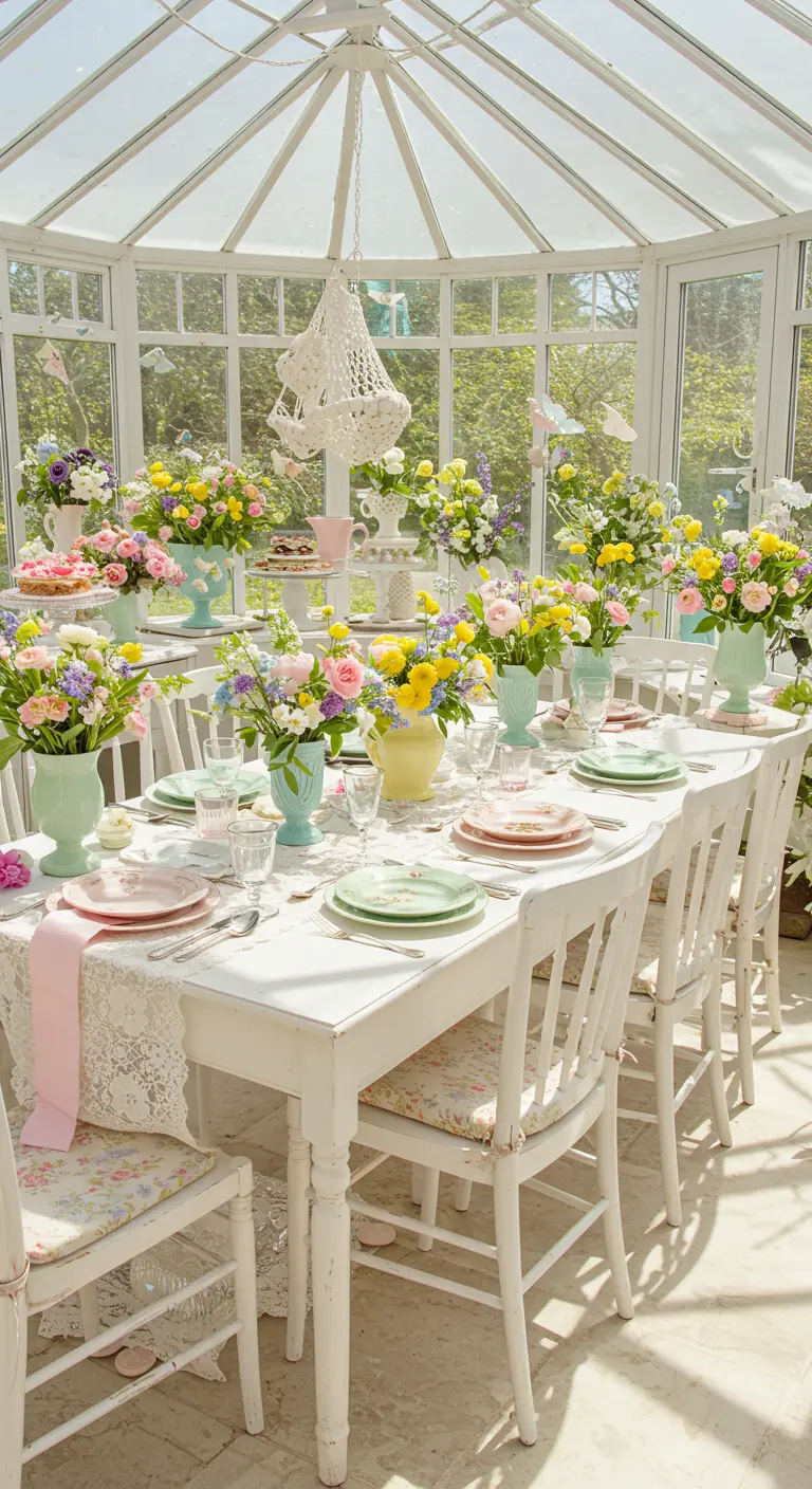 Witte kas met tafel vol pastelkleurige bloemen, kanten kleed en vintage borden.