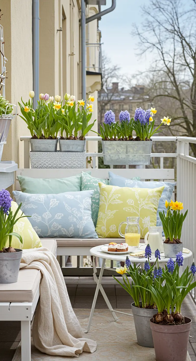 Balkon met wit bankje, pastelkleurige kussens met print, en lentebloemen.