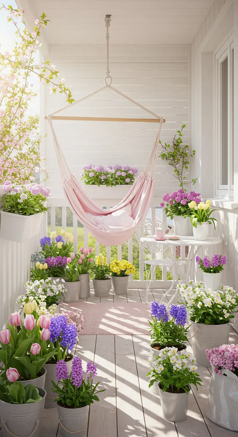 Roze hangmat aan plafond op een wit balkon vol met bloeiende lentebloemen in potten.