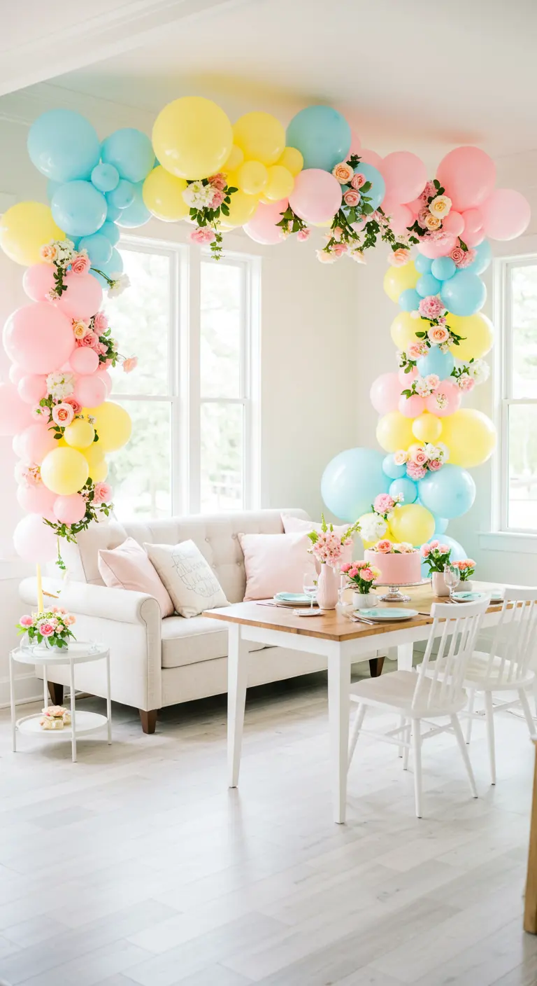 Lichte kamer met pastelkleurige ballonboog vol verse bloemen, witte eettafel en bank.