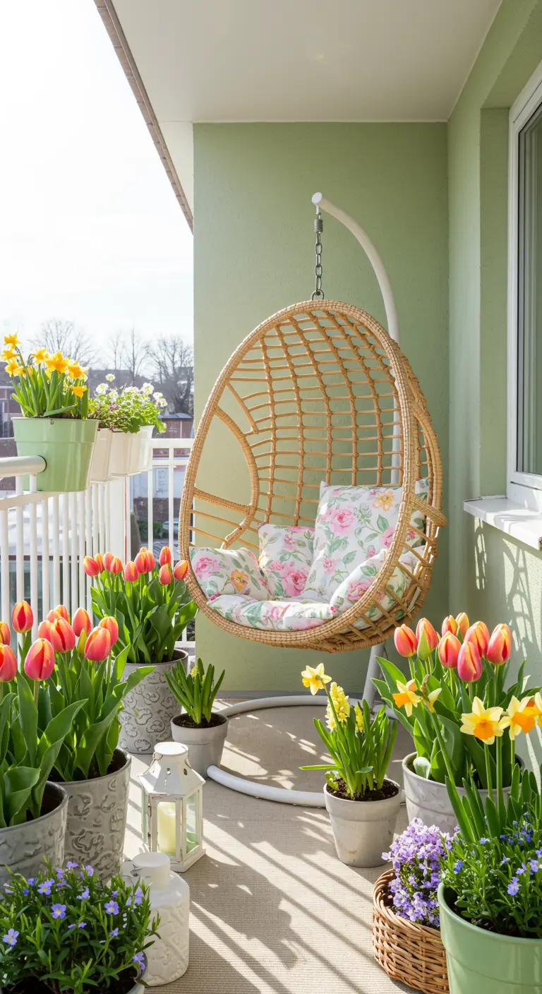 Sfeervol balkon 15 met rotan hangstoel en veel lentebloemen