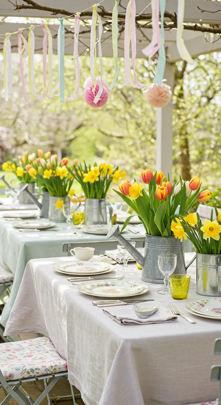 Tuintafel gedecoreerd met pastelkleurige linten en tulpen in zinken gieters onder een pergola.
