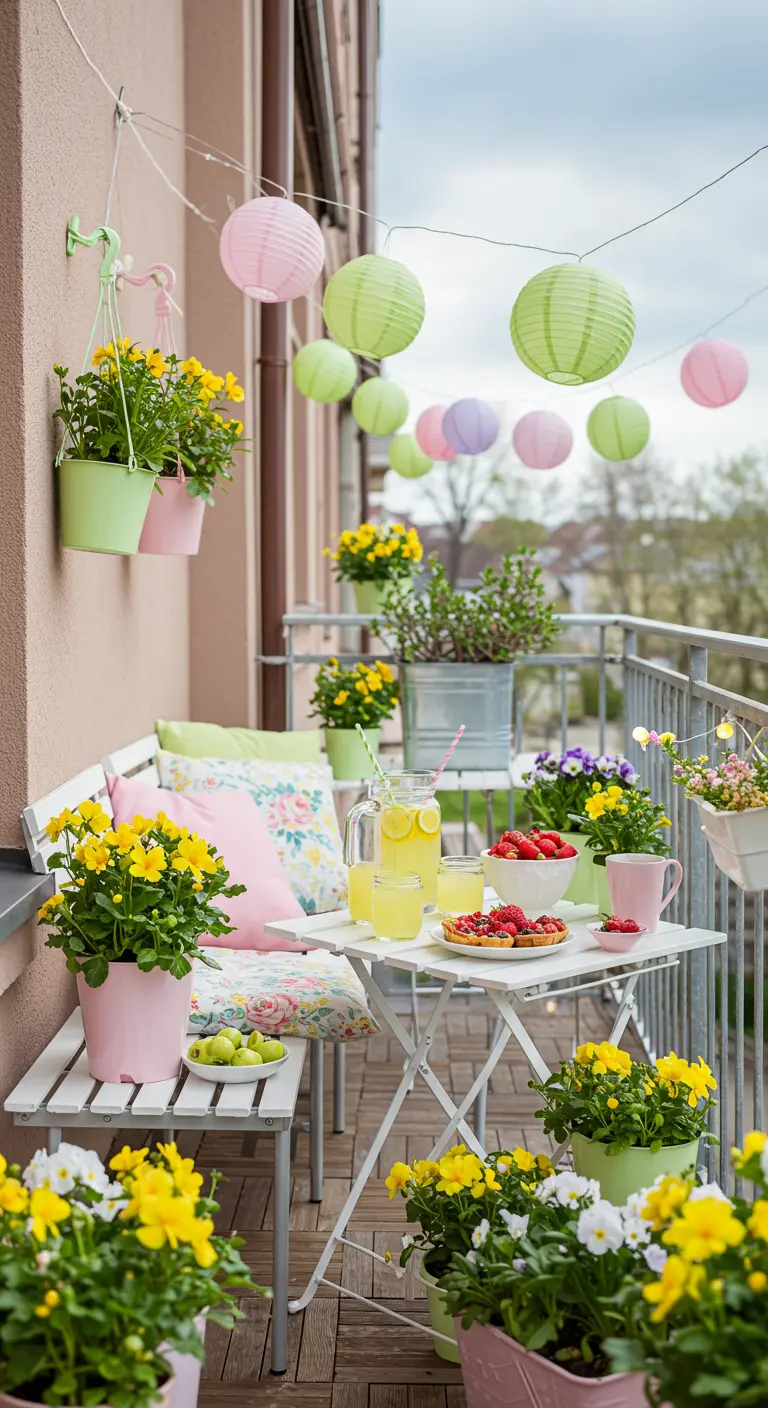 Lentebalkon met pastelkleurige lampionnen, veel bloeiende planten en een witte tuinset.