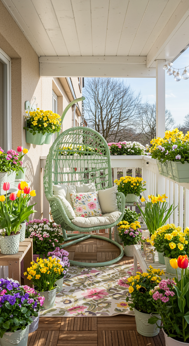 Mintgroene hangstoel op balkon omringd door potten en bakken met kleurrijke lentebloemen.