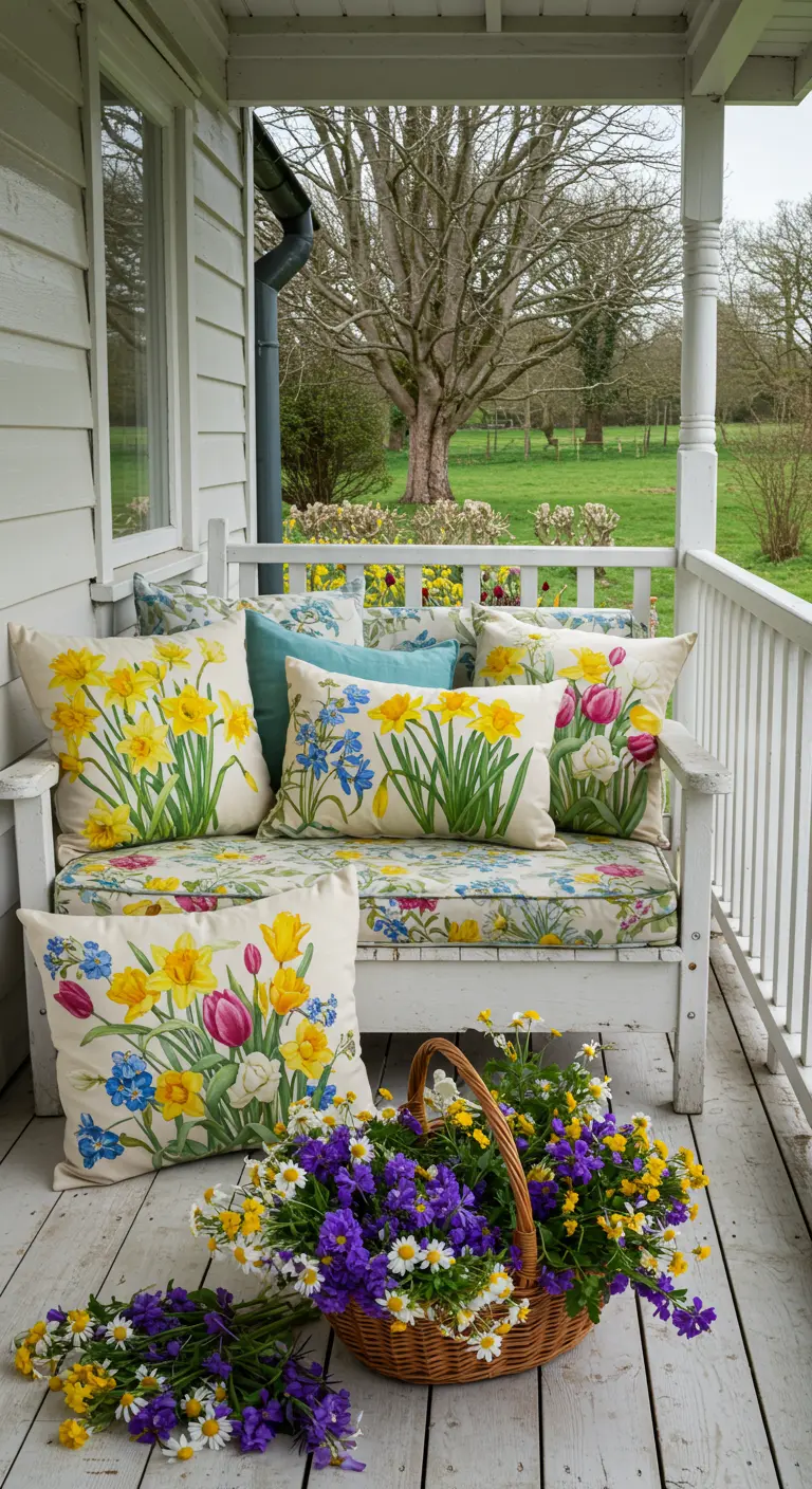 Witte schommelbank met narcissen- en tulpenkussens, mand met verse bloemen, op veranda in de lente.