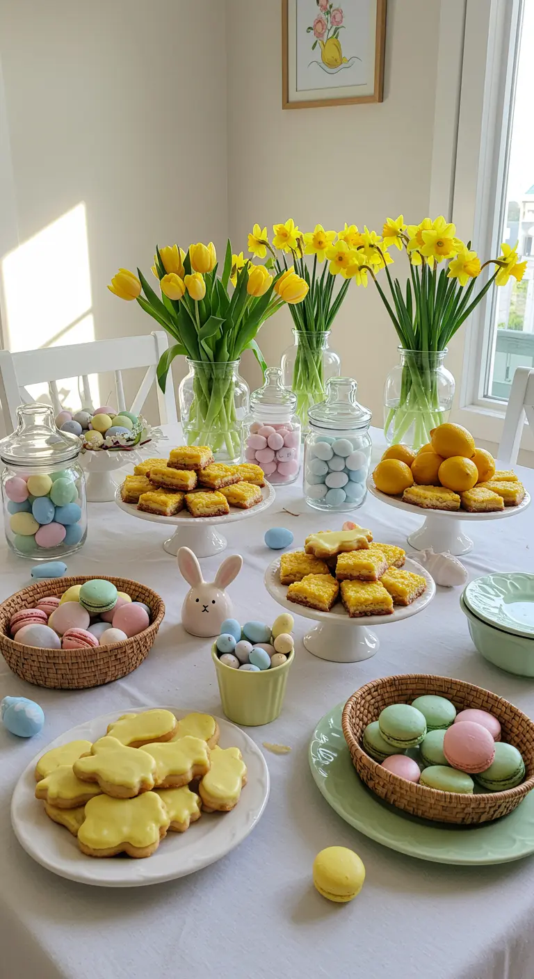 Lente desserttafel met pastel lekkernijen, narcissen en paasdecoratie.