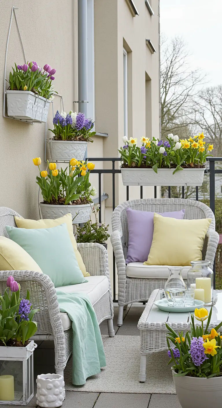 Witte rieten stoelen met pastelkleurige kussens en lentebloemen in potten op een balkon.