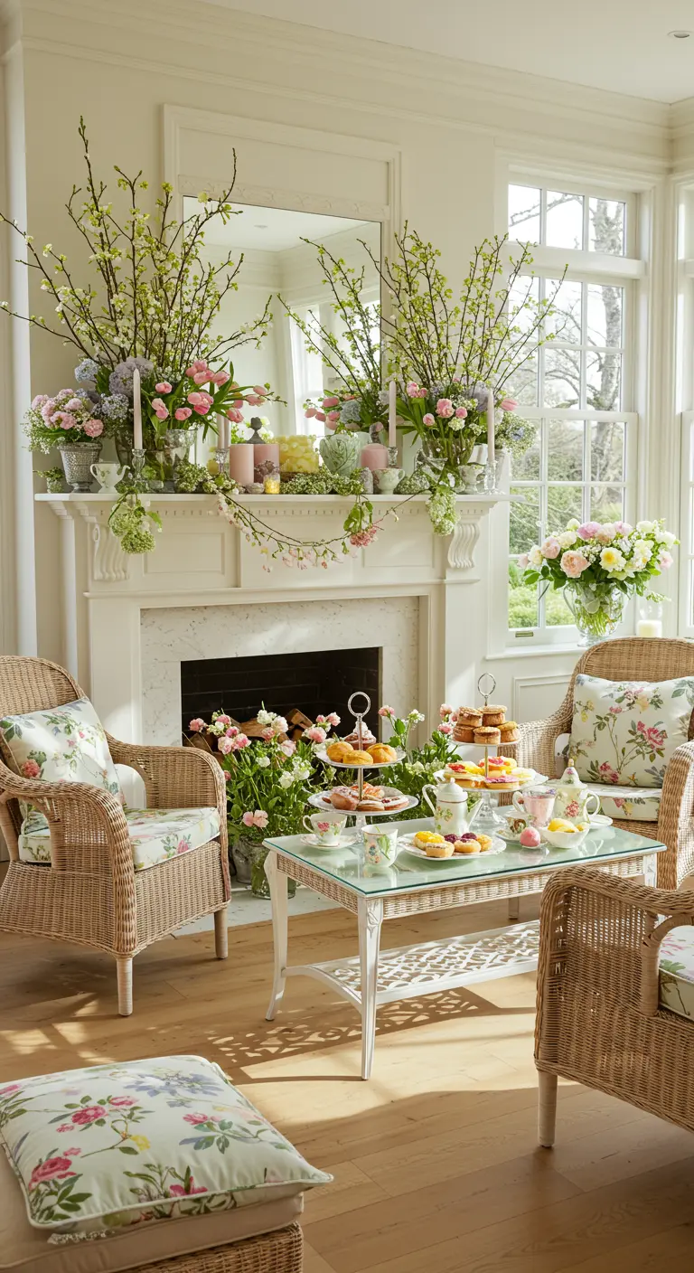 Open haard in lente thema met veel bloemen, pastelkleuren en high tea setting.