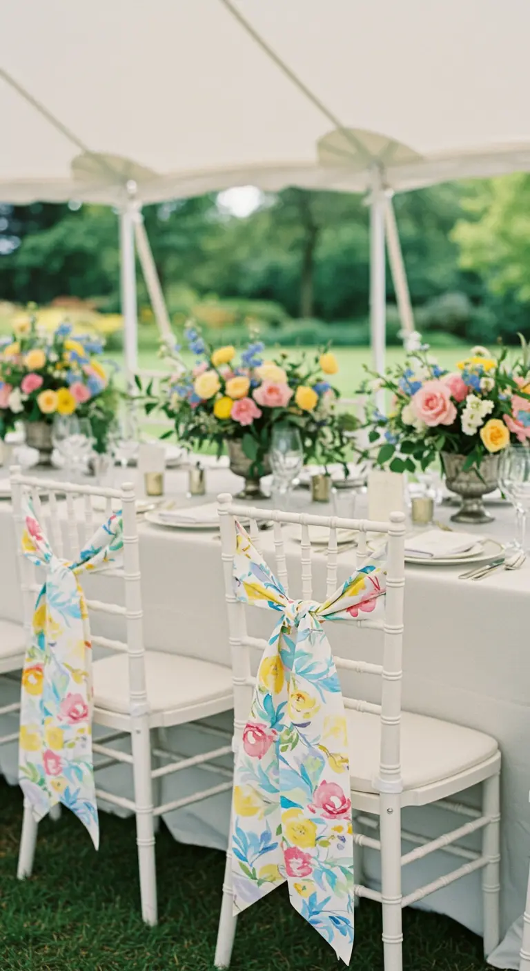 Witte chiavari stoelen versierd met sjerpen met een kleurrijke waterverf bloemenprint.