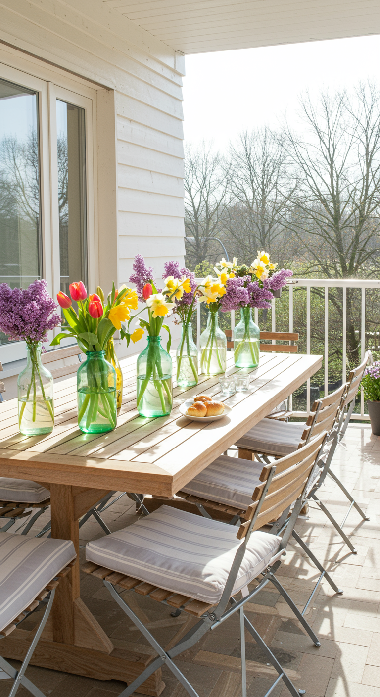 Houten eettafel op balkon met diverse glazen vazen vol kleurrijke lentebloemen.