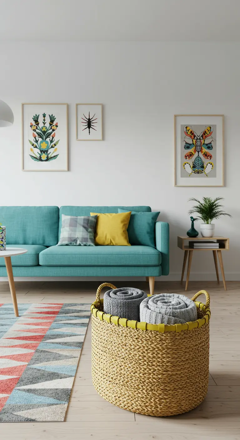 Lichte woonkamer met turquoise bank, kleurrijk vloerkleed en een grote geweven mand met opgerolde plaids.