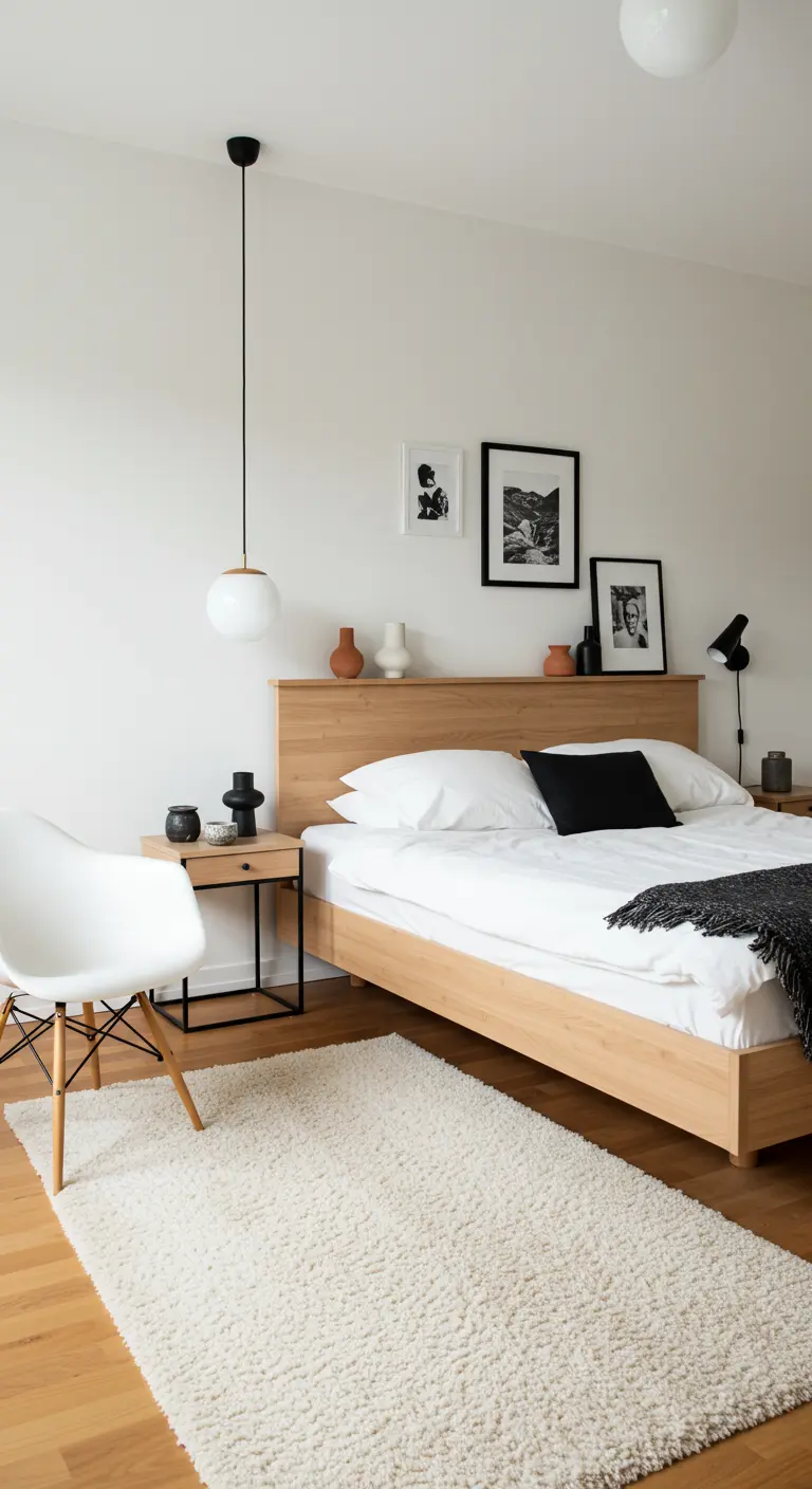 Minimalistische slaapkamer met licht houten bed, witte muren en subtiele decoratie.