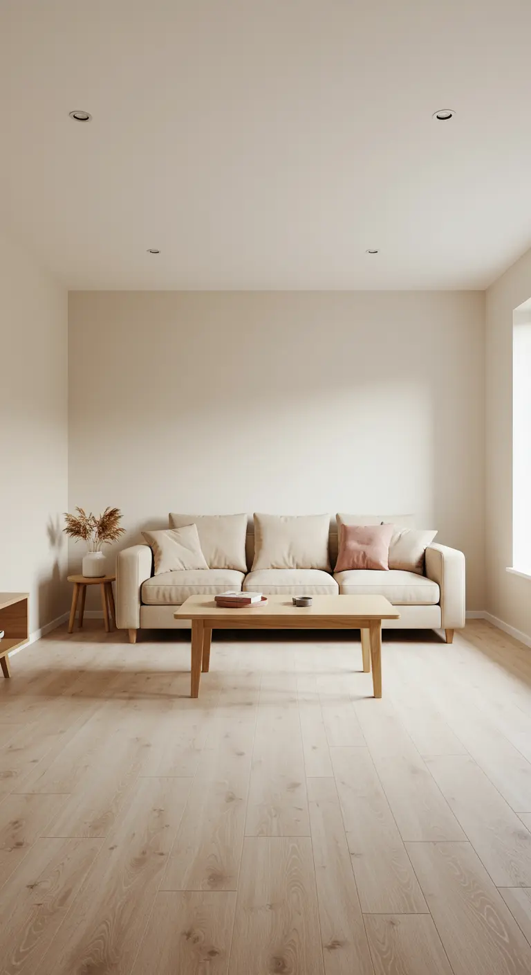 Minimalistische woonkamer in beige tinten met houten meubels en roze kussen.