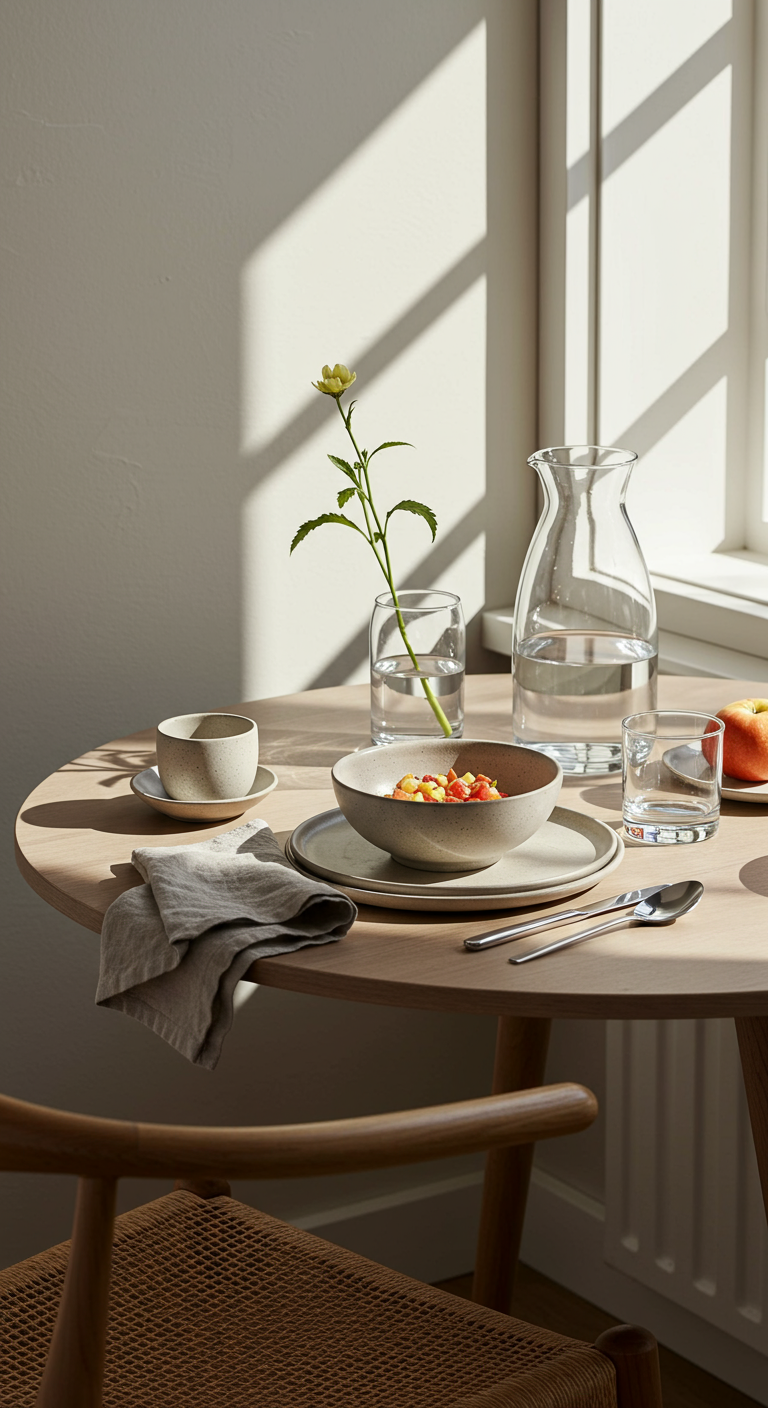 Minimalistisch gedekte tafel met een enkele gele bloem in een glazen vaasje.