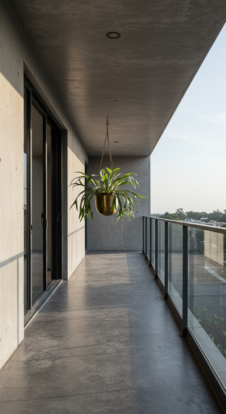 Minimalistisch betonnen balkon met één grote hangplant in een gouden messing pot.