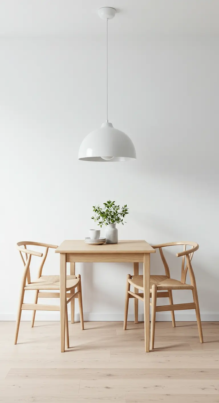 Minimalistische eethoek met vierkante houten tafel en twee stoelen.
