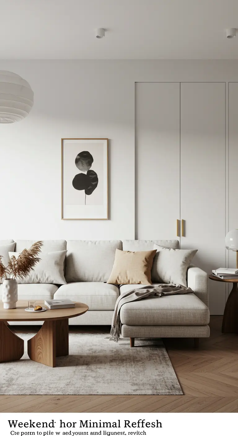 Minimalistische woonkamer met beige bank, houten salontafel en abstract kunstwerk aan de muur.