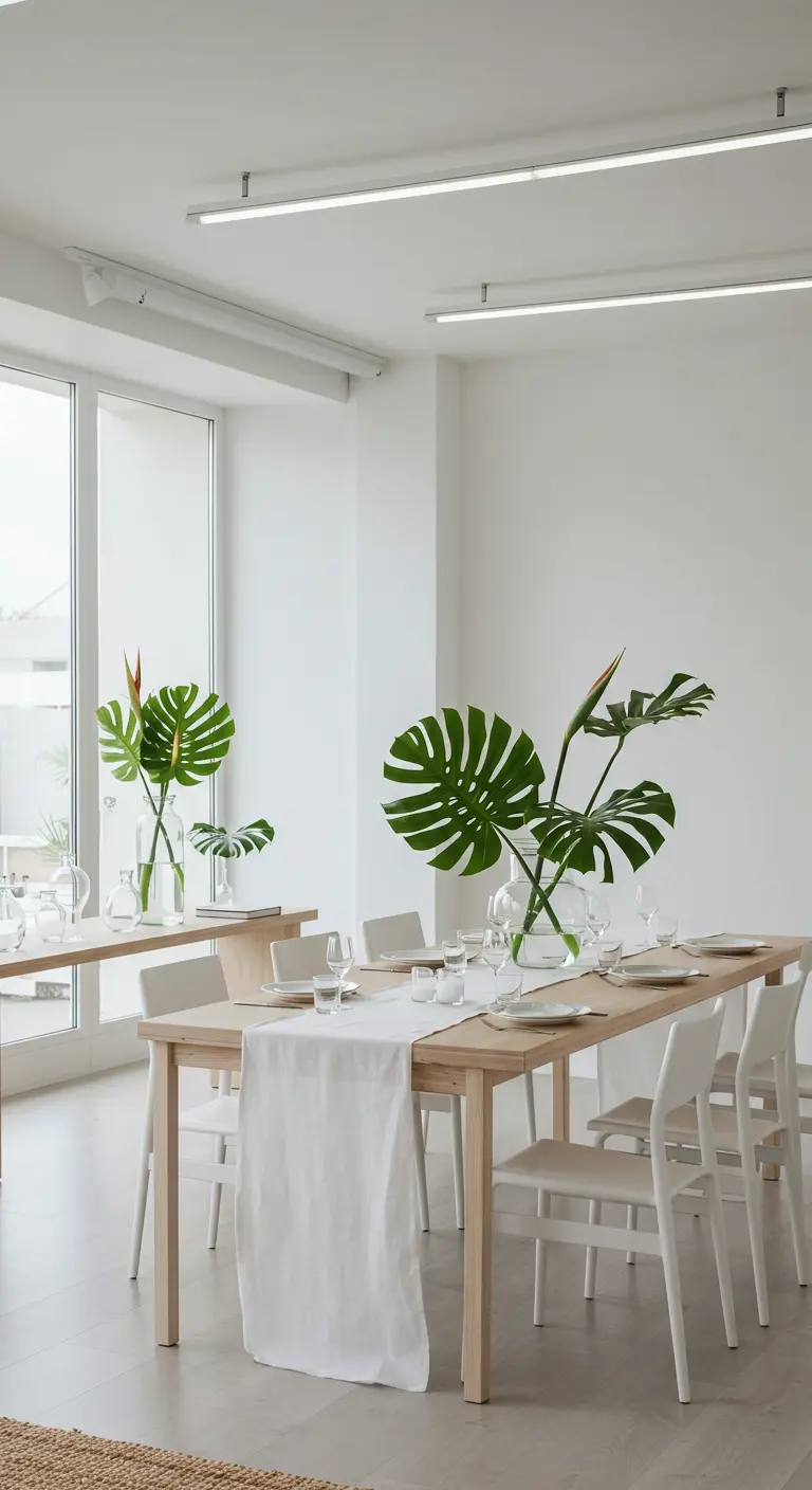 Lichte, minimalistische eetruimte met houten tafel en grote monsterabladeren in glazen vazen.