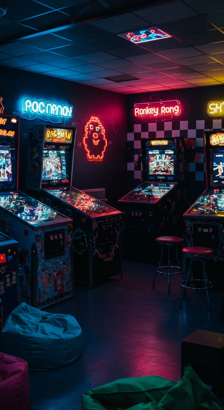 Donkere ruimte met oplichtende arcadekasten, neon signs en kleurrijke beanbags.