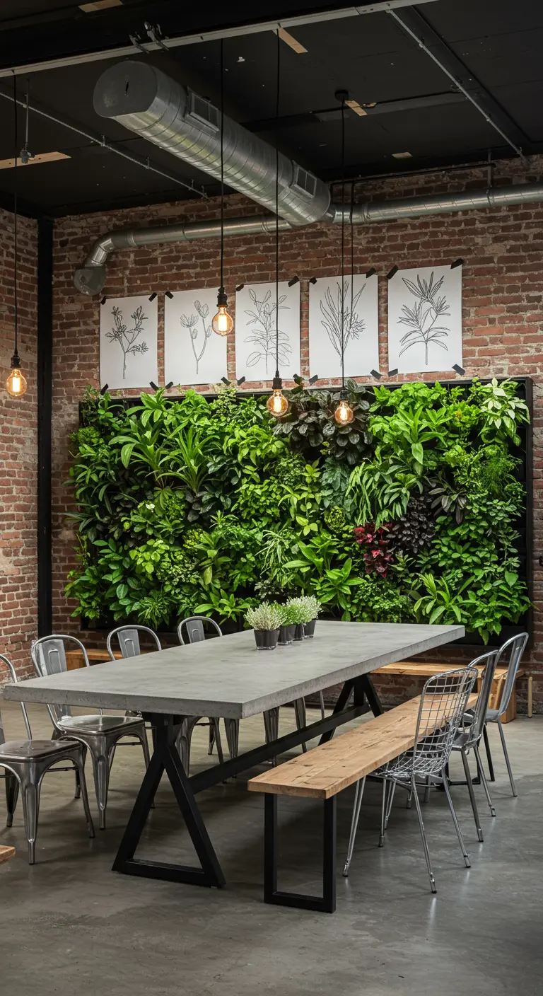Industriële eetkamer met bakstenen muur, levende plantenmuur, betonnen tafel, metalen stoelen en minimalistische botanische prints.