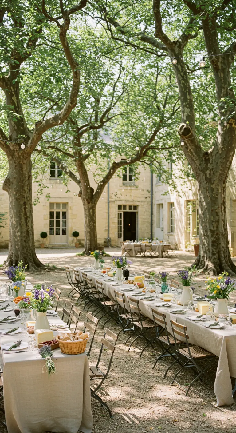 Lange tafel onder bomen in Franse stijl met linnen, kruiden en brood.