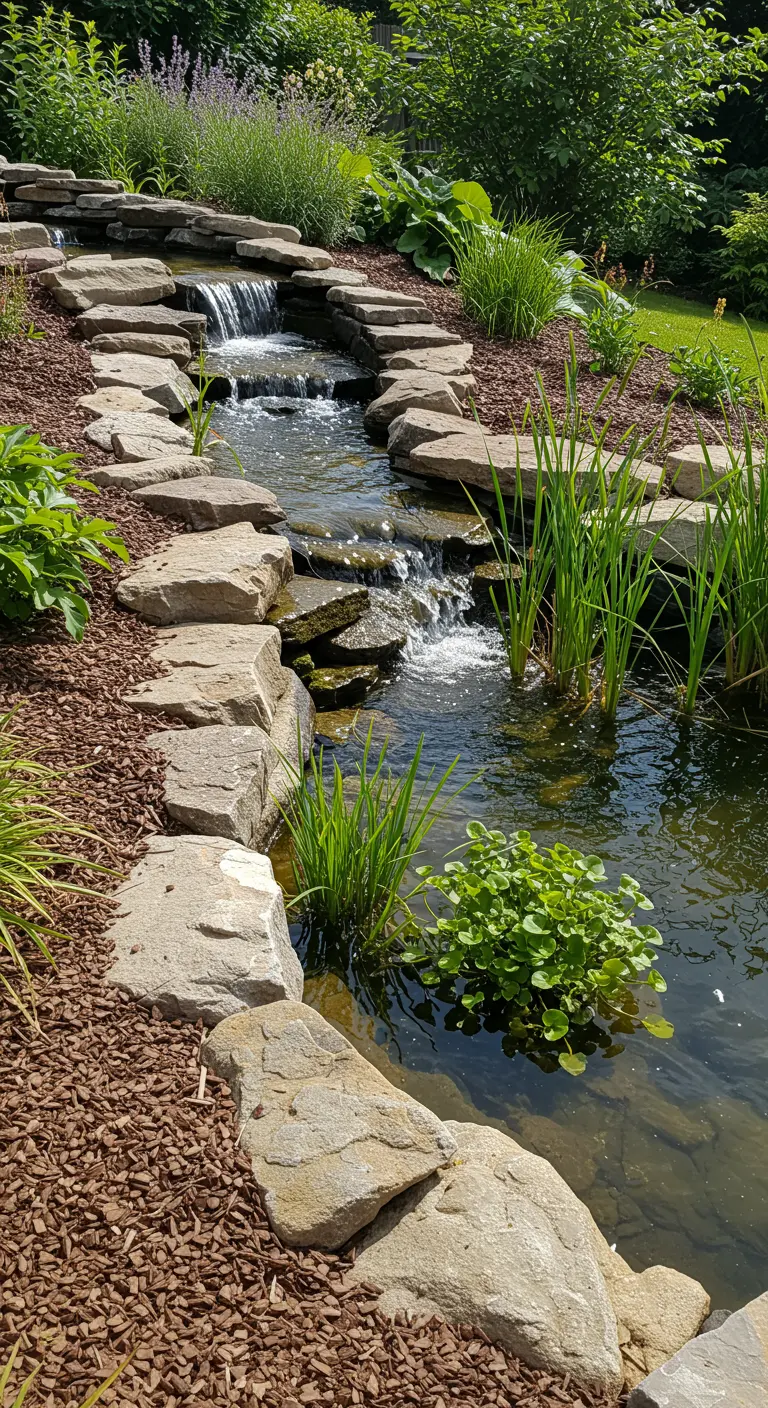 Natuurlijke beekloop met mini-watervallen en waterplanten in een tuin.
