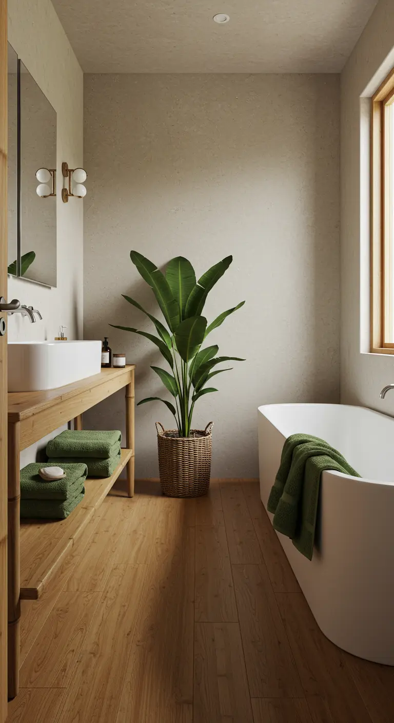 Badkamer met lichte houten vloer, grote groene plant en open houten kast.