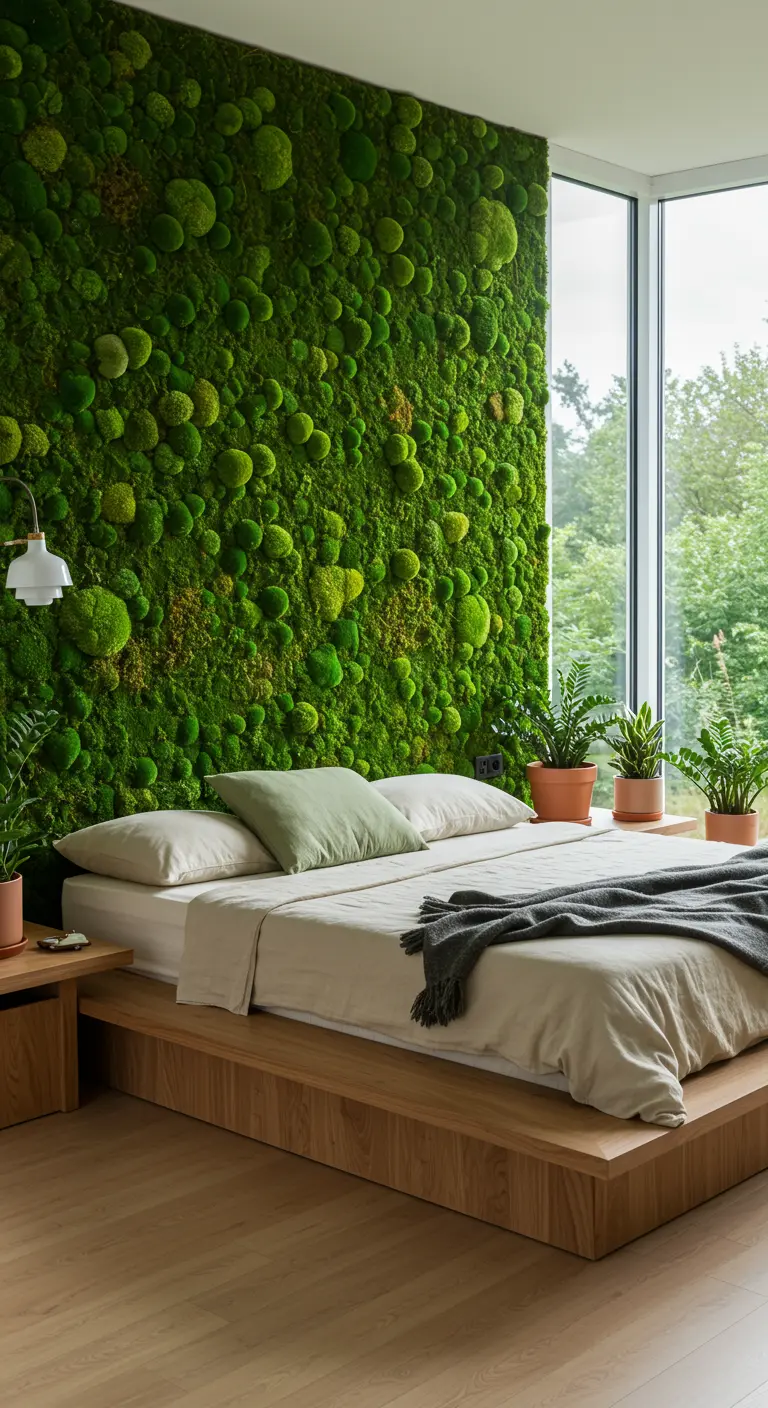Muur achter bed volledig bedekt met variaties van groen mos.