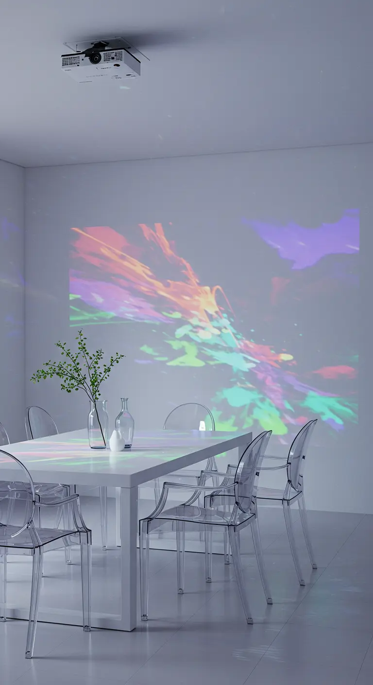 Minimalistische witte eethoek waar een kleurrijke abstracte afbeelding op de muur wordt geprojecteerd.