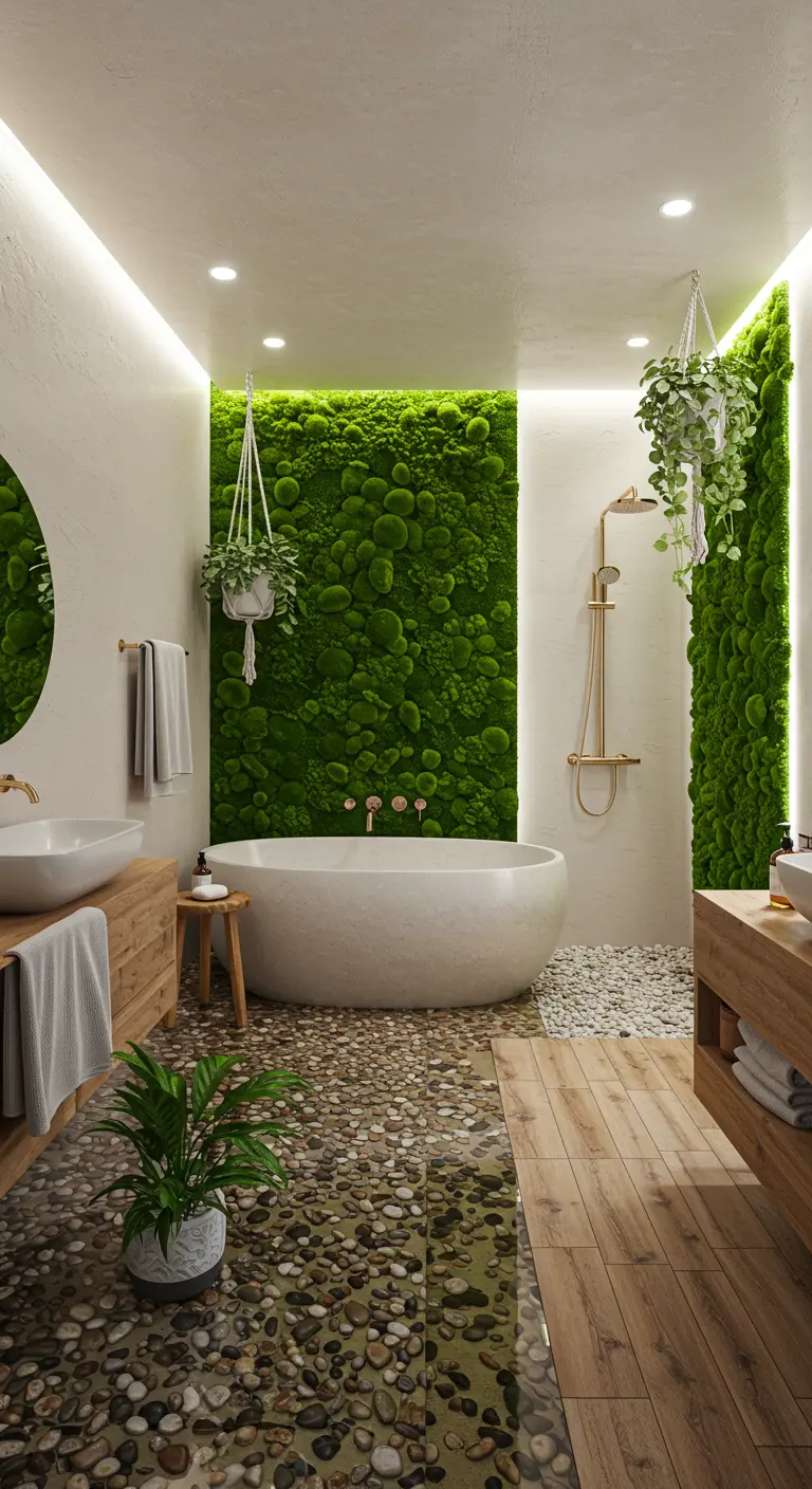 Luxe badkamer met een grote groene moswand, kiezelstenen vloeraccent en vrijstaand bad.