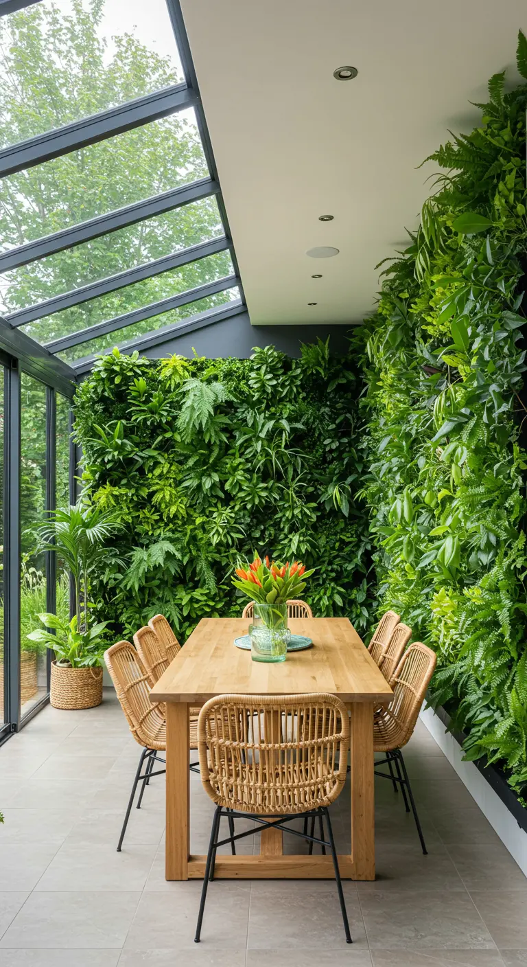 Eethoek in serre met een grote verticale plantenwand vol diverse groene planten.