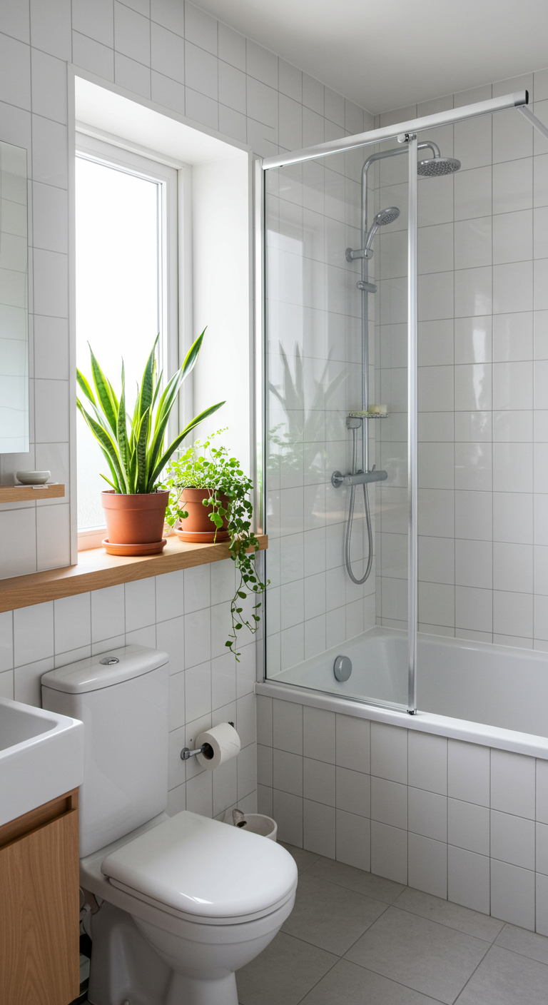 Twee groene planten in potten op een houten vensterbank in een lichte badkamer.