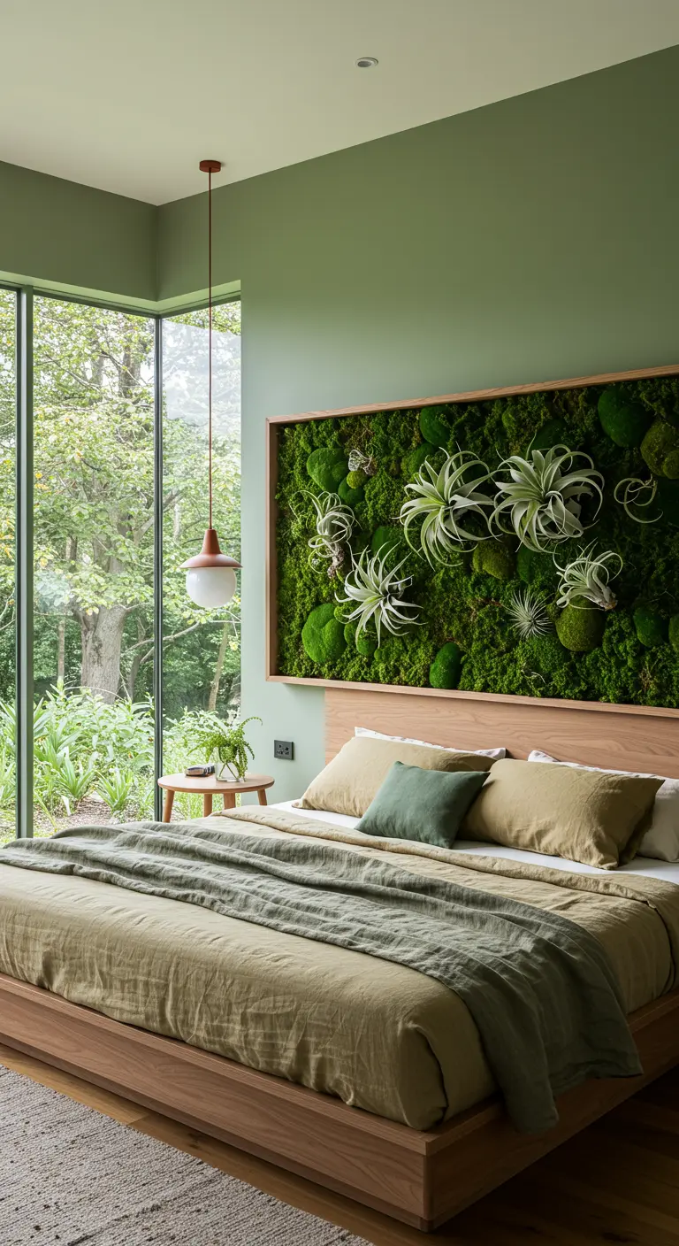 Hoofdbord als een verticale tuin met mos en diverse luchtplantjes tegen een groene muur.