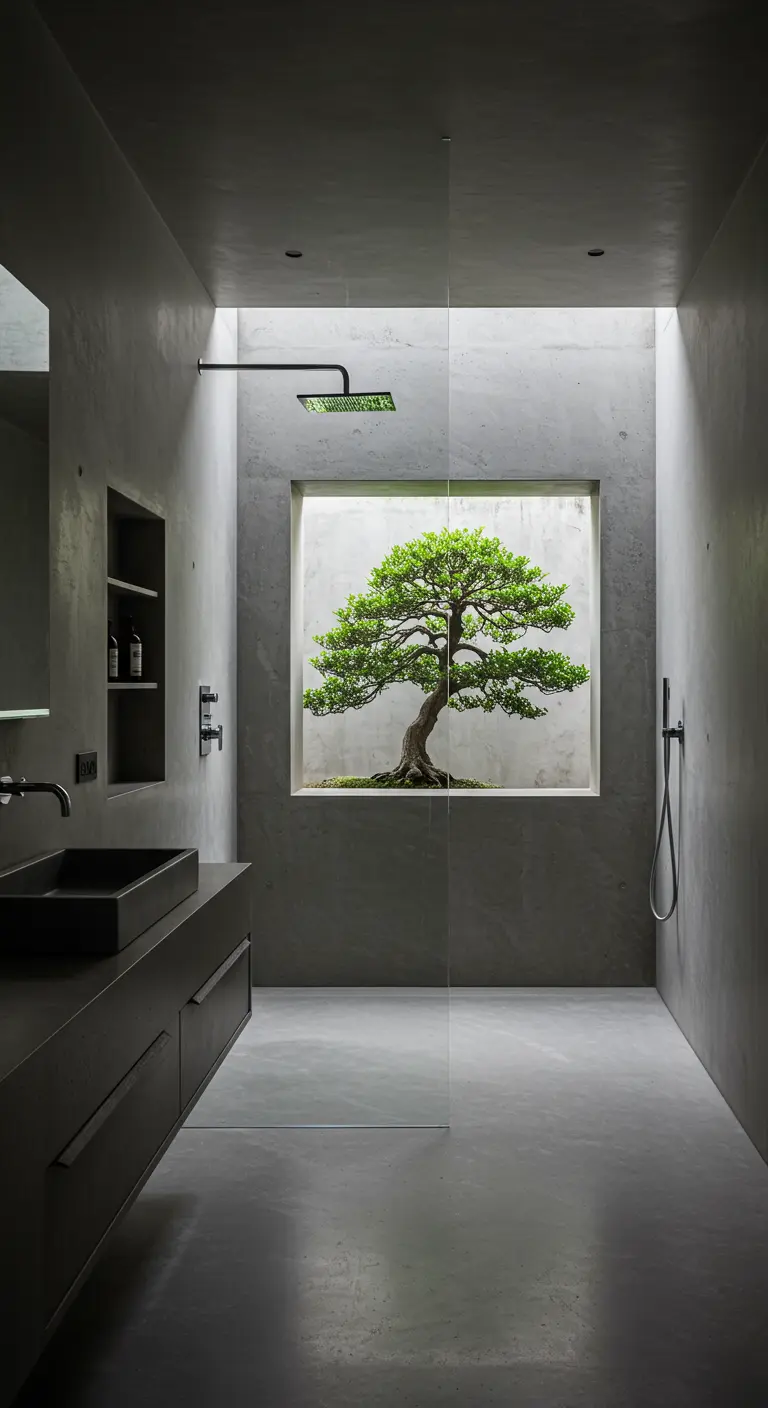 Minimalistische doucheruimte met een raam dat een bonsai boom perfect kadert.