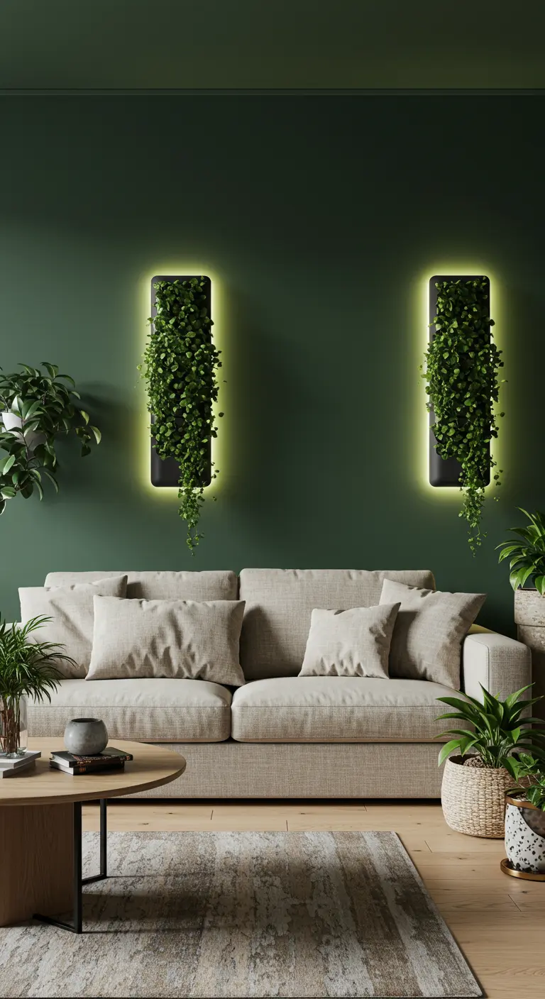 Woonkamer met donkergroene muur en twee verticale wandlampen met hangplanten.