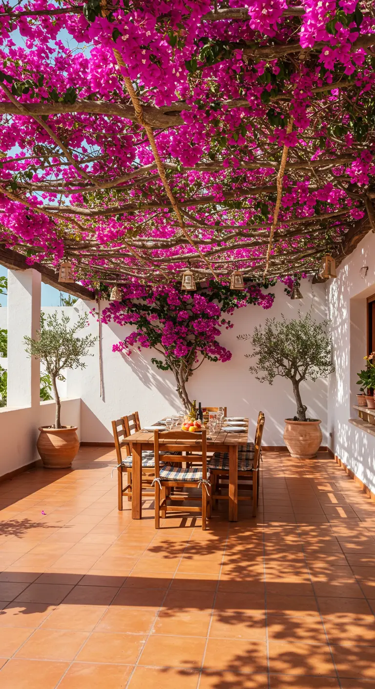 Terras met een pergola volledig begroeid met felroze Bougainvillea, creëert een bloemendak.
