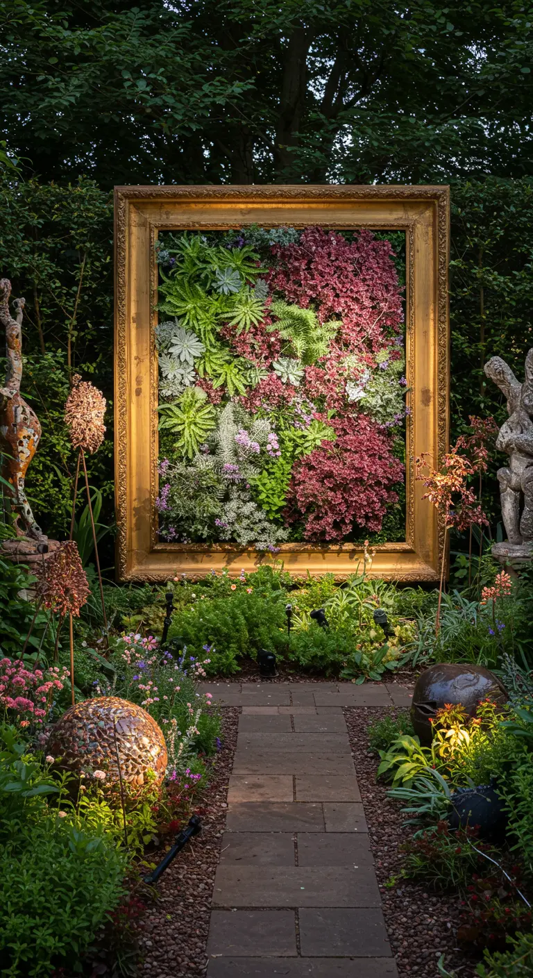 Grote gouden baroklijst in een tuin, die een verticale plantenwand omkadert.