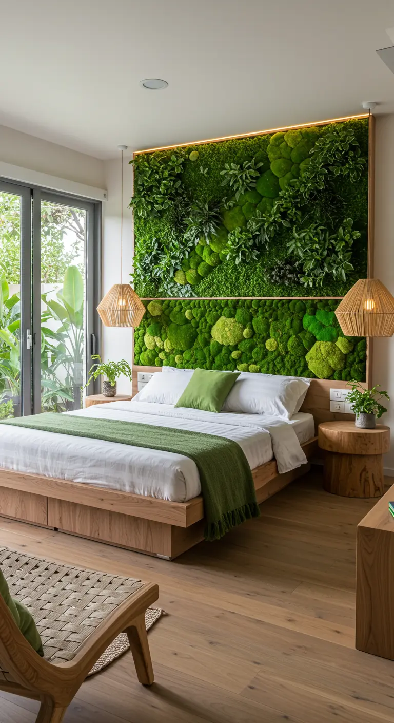 Slaapkamer met een levende groene muur van mos en planten als hoofdbord.