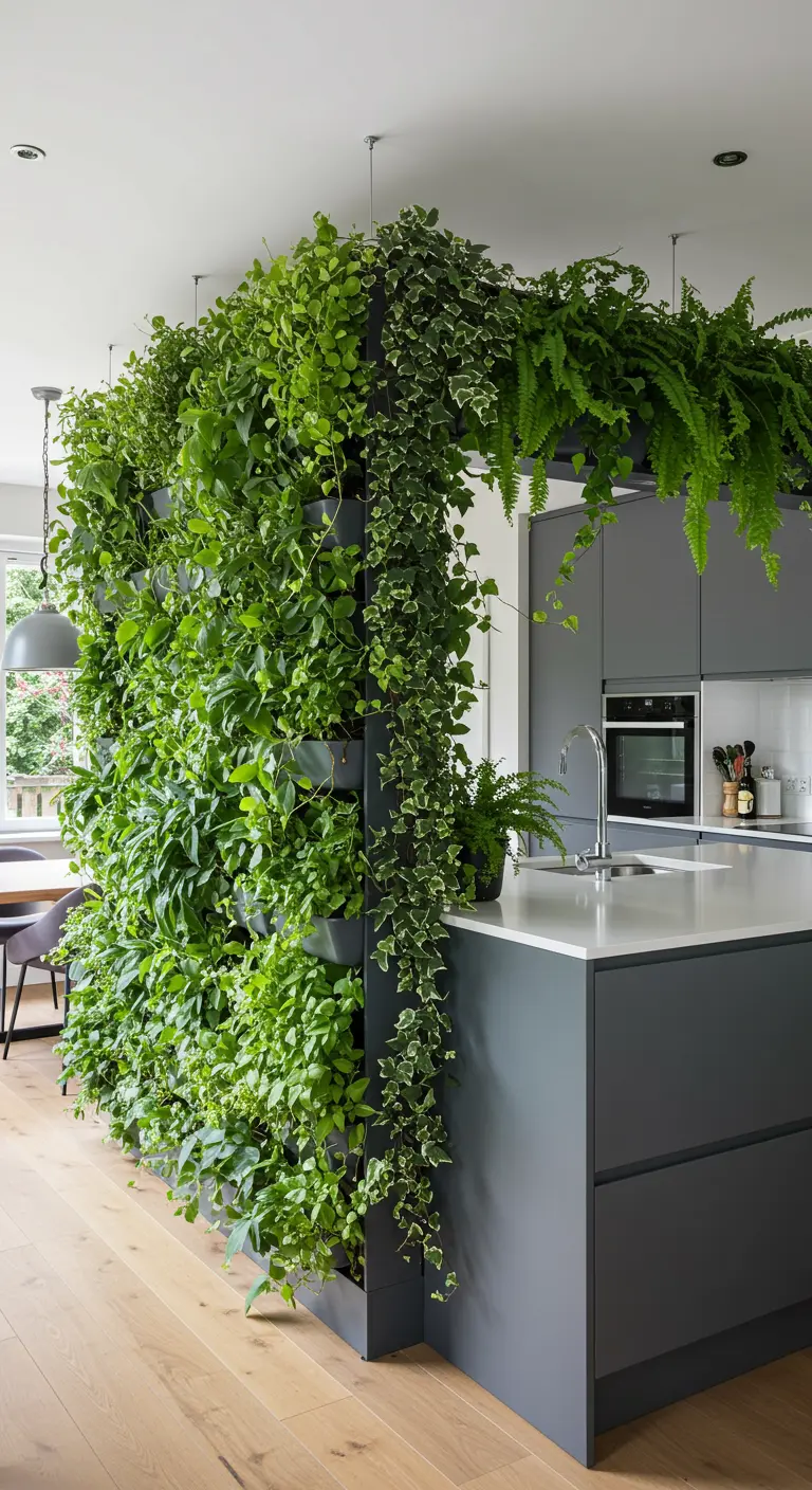 Moderne grijze keuken met een hoge, weelderige groene plantenwand als natuurlijke roomdivider.