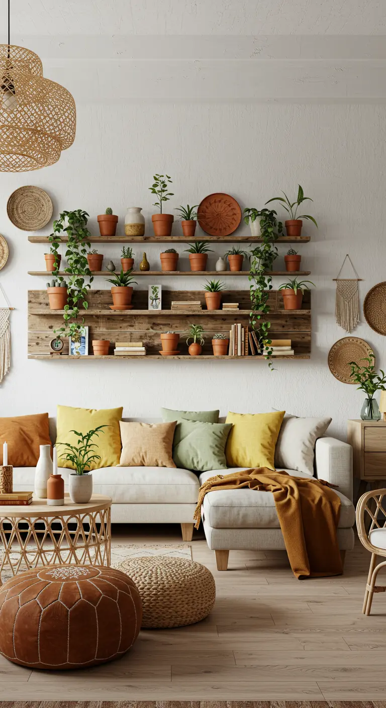 Woonkamer met houten wandplanken vol diverse planten in terracotta potten boven een bank.
