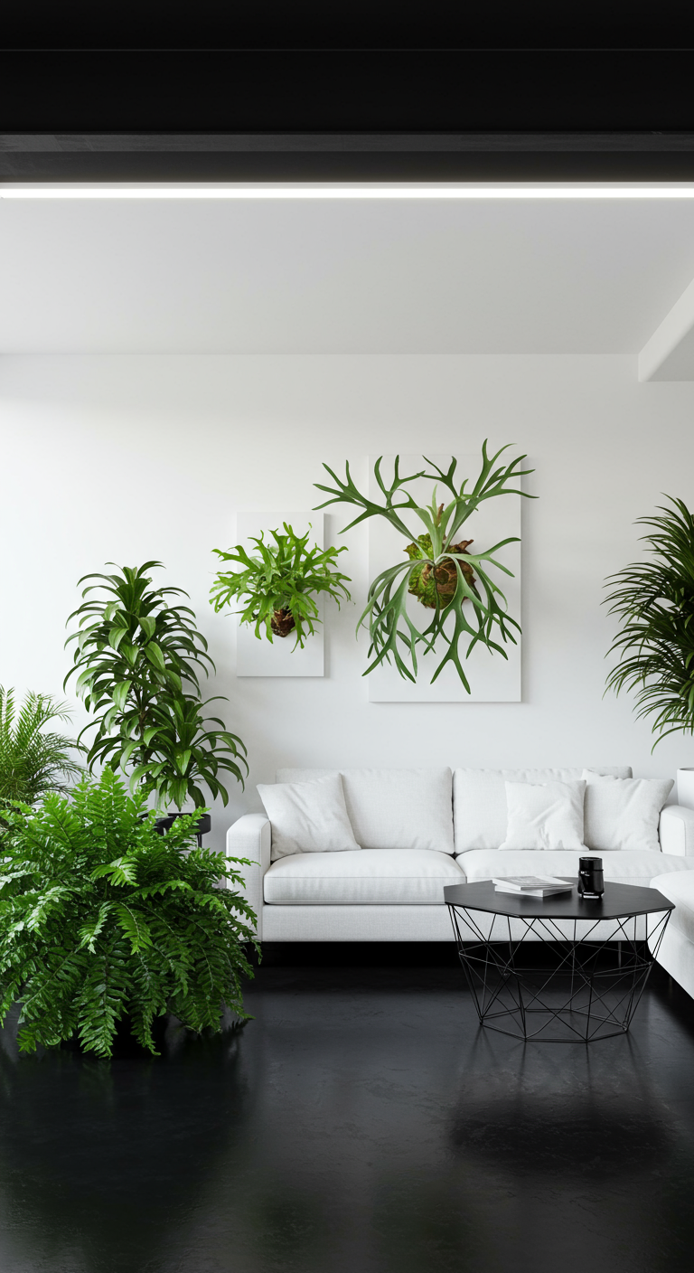 Strakke witte woonkamer met hertshoornvarens als wandkunst.