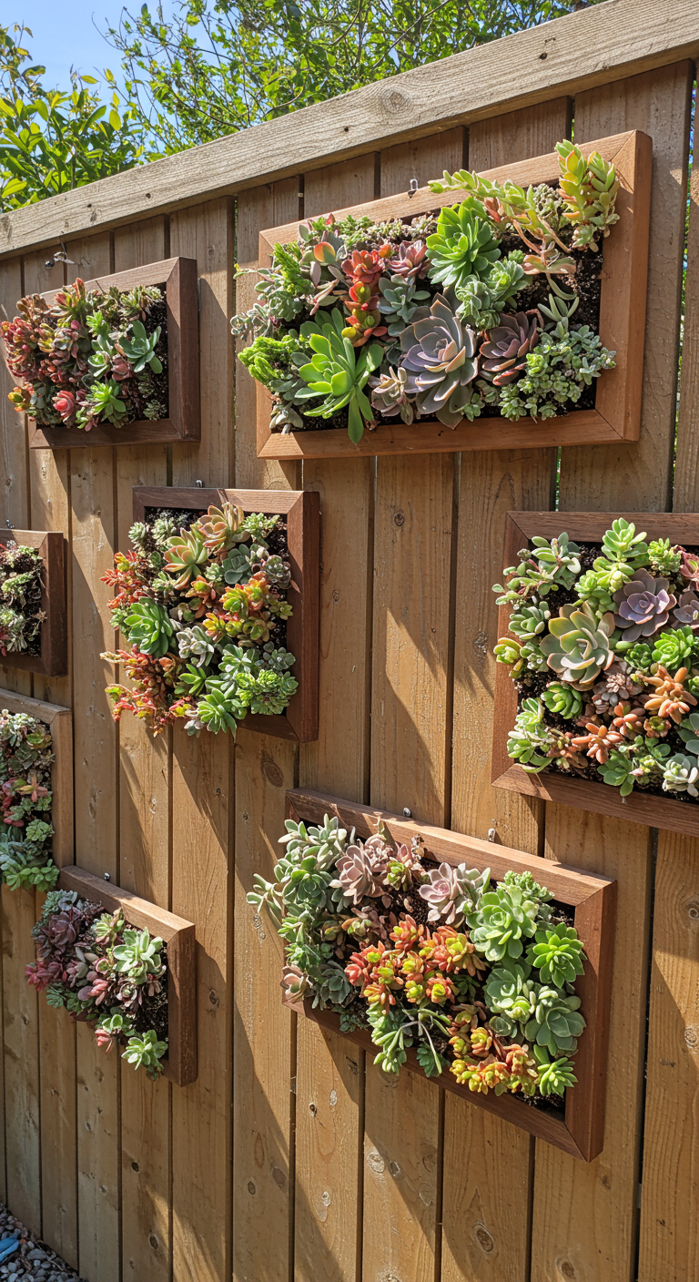 Houten schutting met diverse houten kaders gevuld met kleurrijke vetplanten.