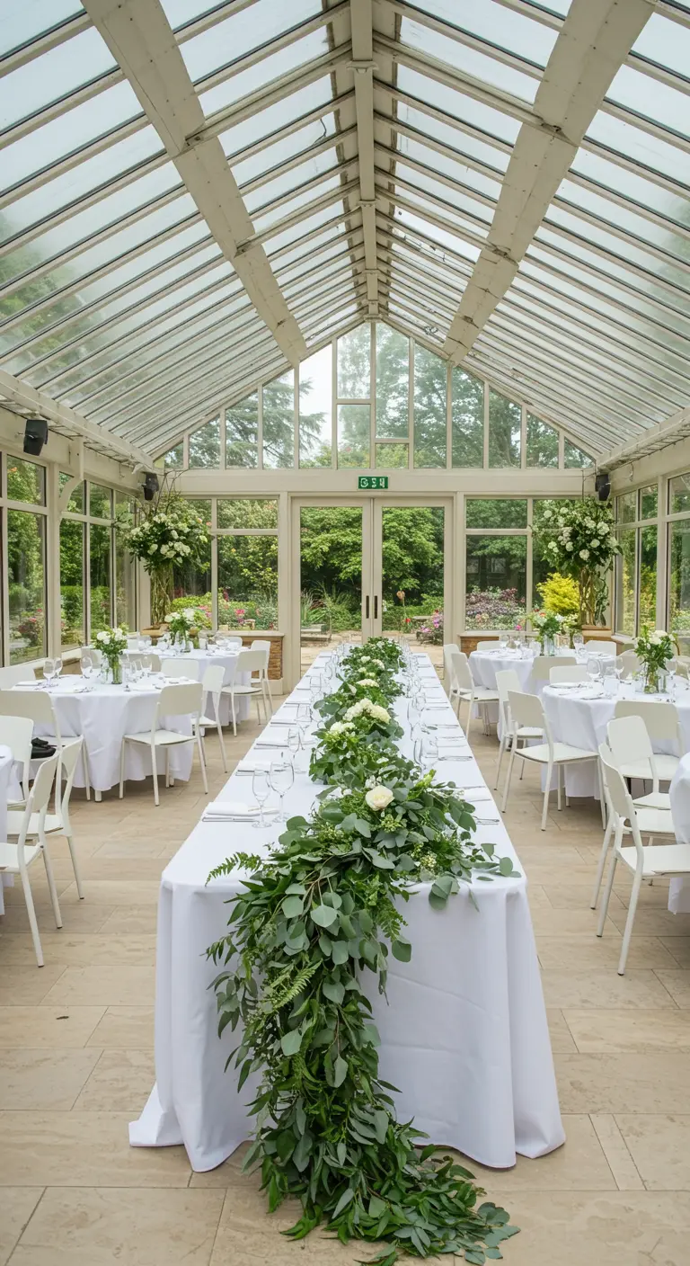 Lange witte tafel in serre met een volle loper van groen blad.