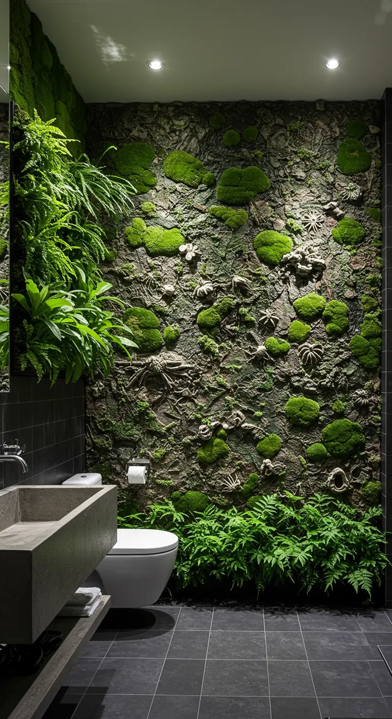 Moderne badkamer met donkere tegels en een indrukwekkende groene mosmuur met planten en subtiele ornamenten.