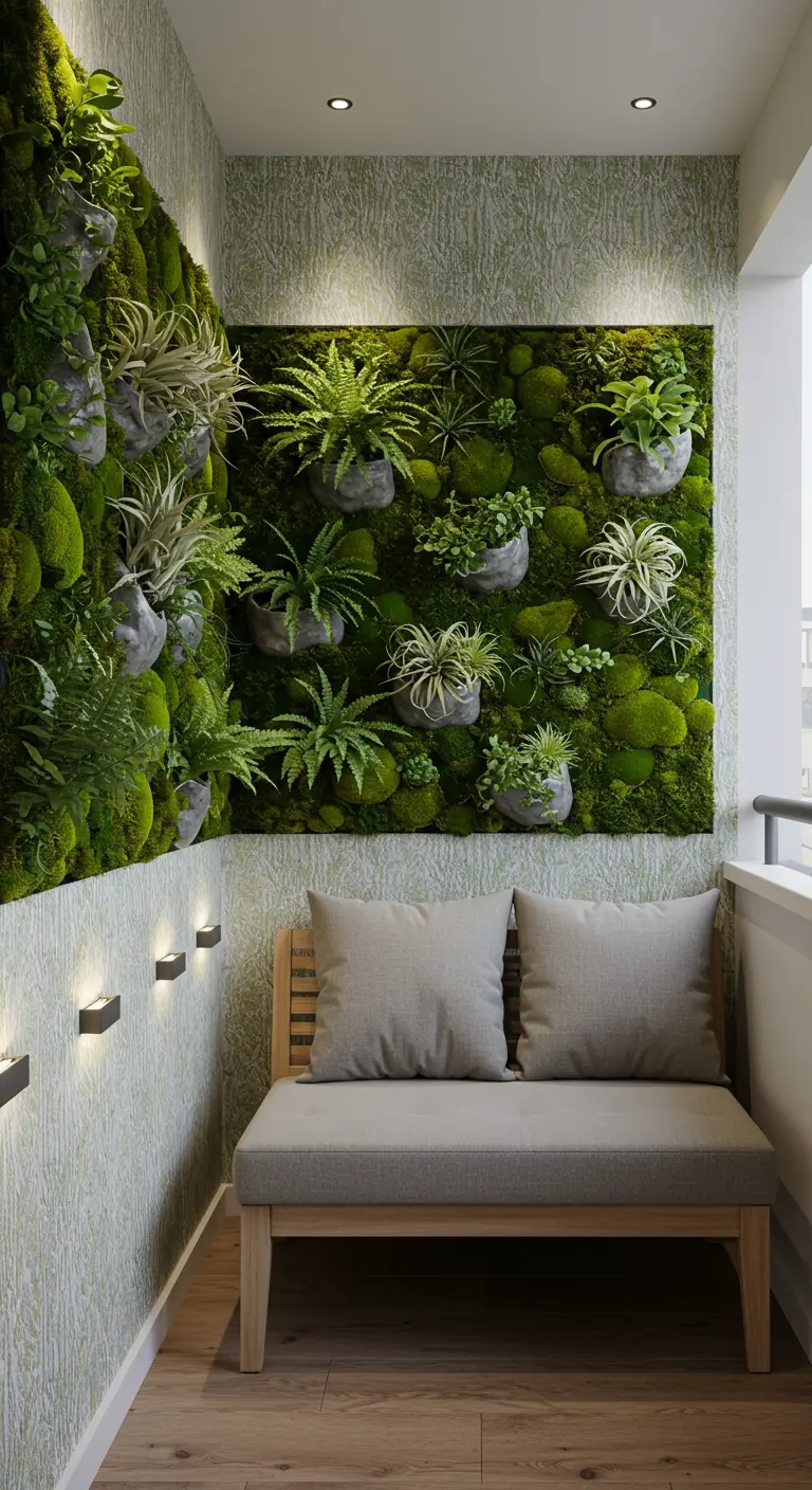 Balkon met verticale moswand, plantenbakken en een houten bankje.