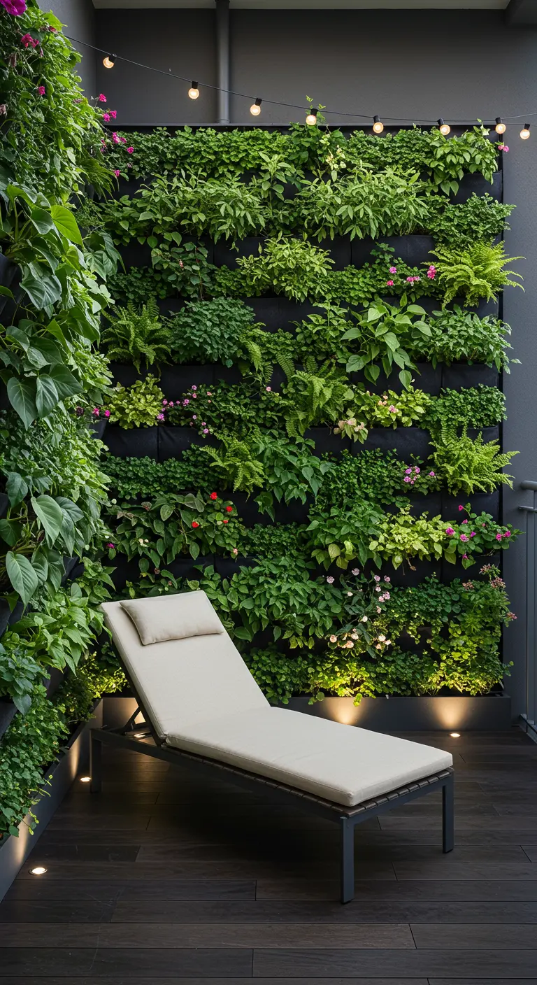 Verticale tuinmuur met groene planten, bloemen en subtiele sfeerverlichting op een terras.