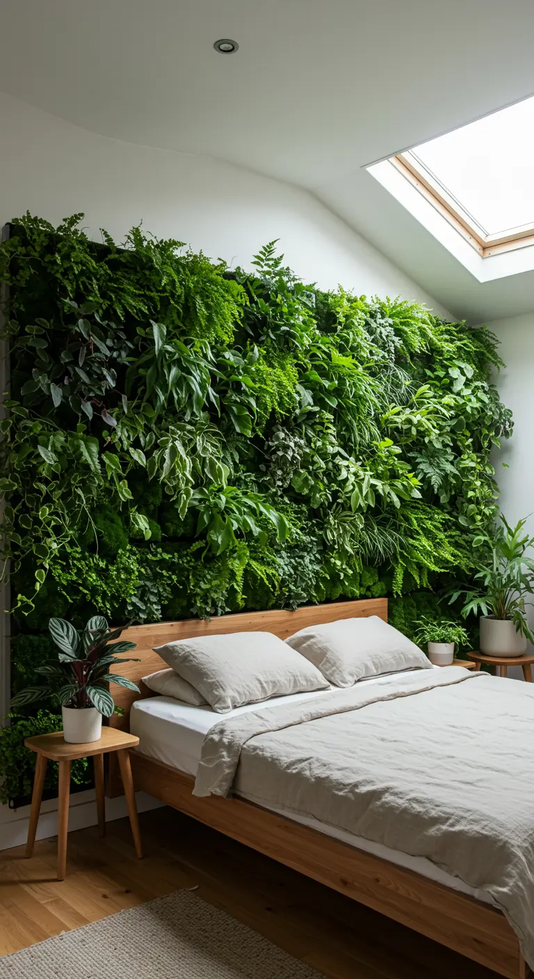 Slaapkamer met een indrukwekkende, volledige groene plantenwand achter het houten bed.